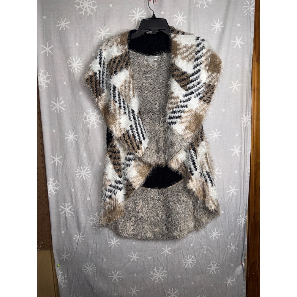 Liqui by Koda Fuzzy Eyelash Knit Plaid Draped Open Front Vest Brown Cream S/M